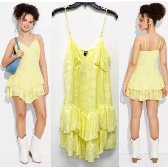 Wild Fable Dresses & Skirts - Wild Fable Women's Triangle Cup V-Neck Tiered Mini Yellow Ruffled Skirt Dress